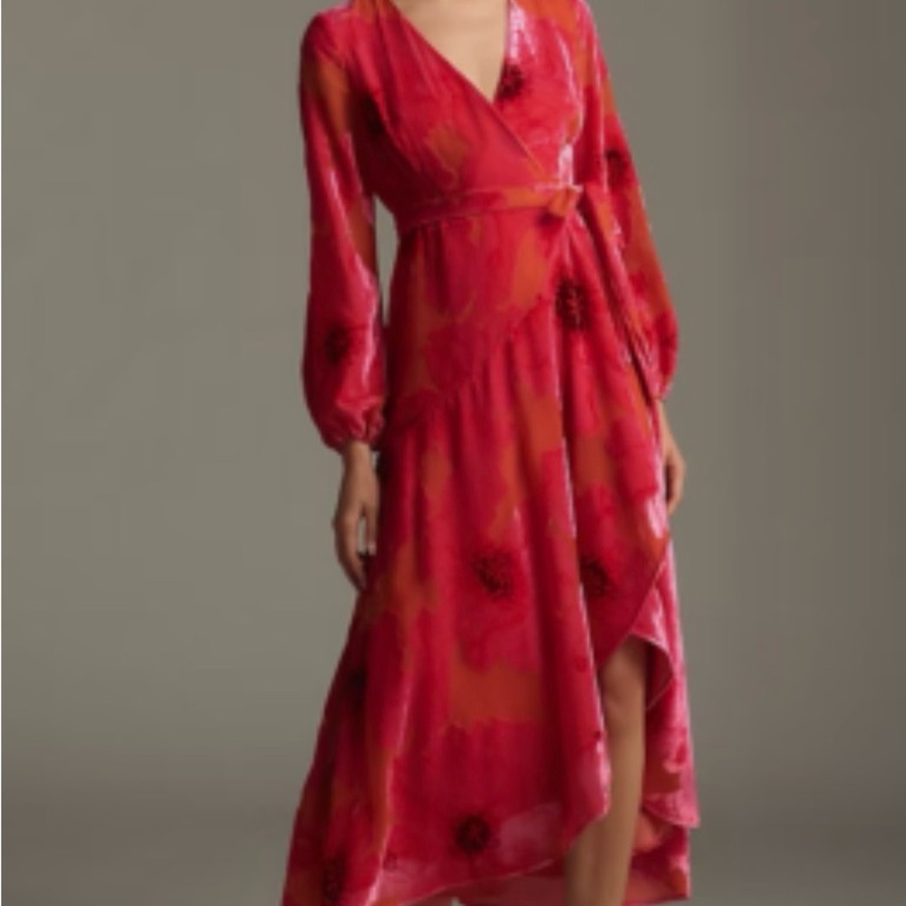 Anthropologie Red High Low Floral Dress